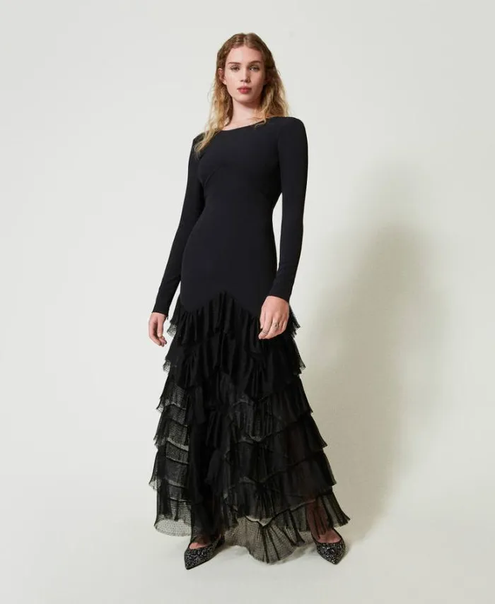 Twinset Elegant Dresses Long Dress With Pleated Tulle Flounces Black 8211 Clothing