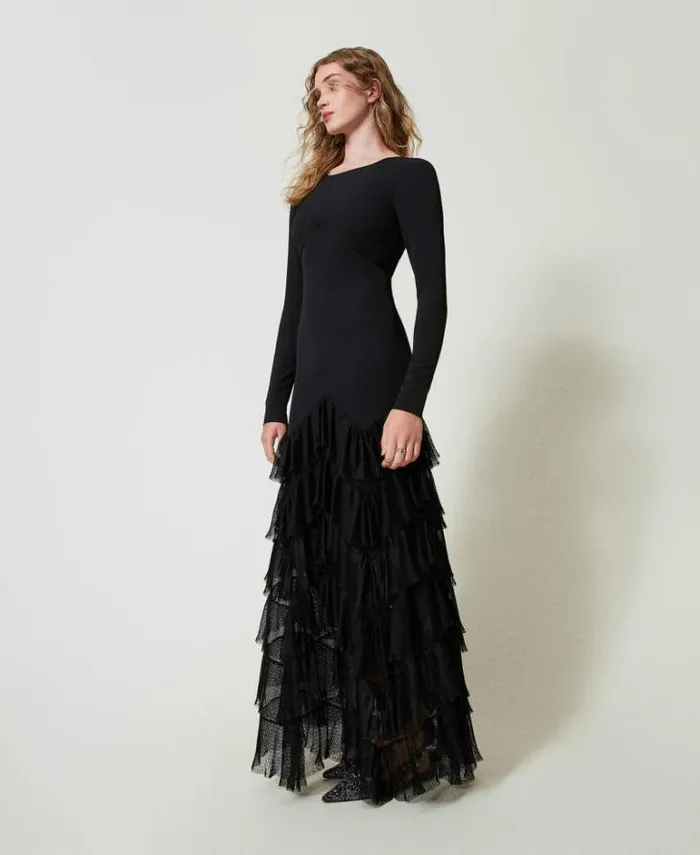 Twinset Elegant Dresses Long Dress With Pleated Tulle Flounces Black 8211 Clothing