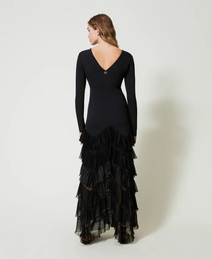 Twinset Elegant Dresses Long Dress With Pleated Tulle Flounces Black 8211 Clothing