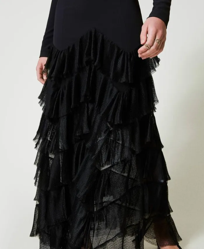 Twinset Elegant Dresses Long Dress With Pleated Tulle Flounces Black 8211 Clothing