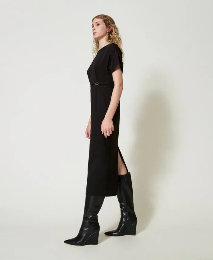 Twinset Elegant Dresses Midi Dress With Oval T Waist Strap Black 8211 Clothing