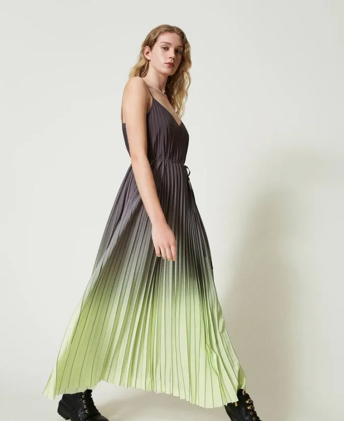 Twinset Elegant Dresses Pleated Georgette Long Printed Dress Twotone Blackened Pearl Grey Soft Lime Green 8211 Clothing Twinset Elegant Dresses Pleated Georgette Long Printed Dress Twotone Blackened Pearl Grey Soft Lime Green 8211 Clothing
