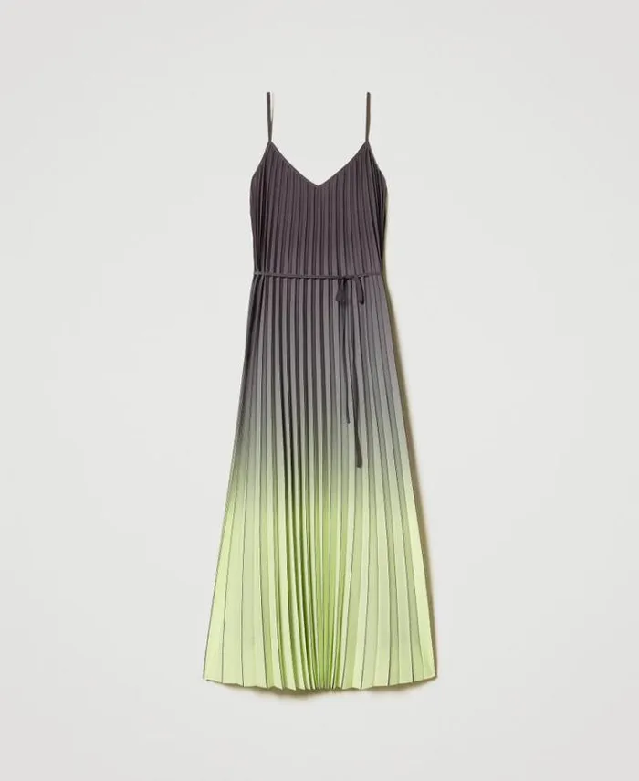 Twinset Elegant Dresses Pleated Georgette Long Printed Dress Twotone Blackened Pearl Grey Soft Lime Green 8211 Clothing