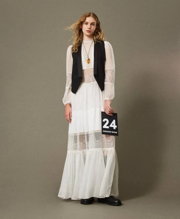 Twinset Elegant Dresses Silk Creponne Dress With Lace White Snow 8211 Clothing