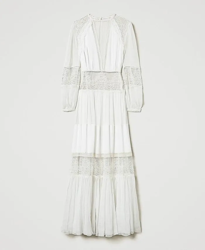 Twinset Elegant Dresses Silk Creponne Dress With Lace White Snow 8211 Clothing