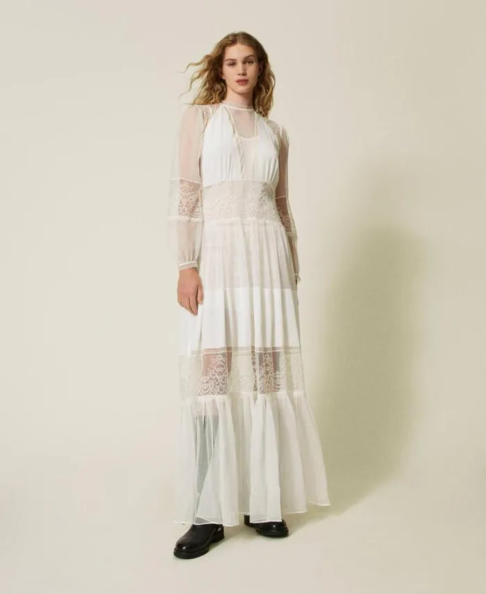 Twinset Elegant Dresses Silk Creponne Dress With Lace White Snow 8211 Clothing