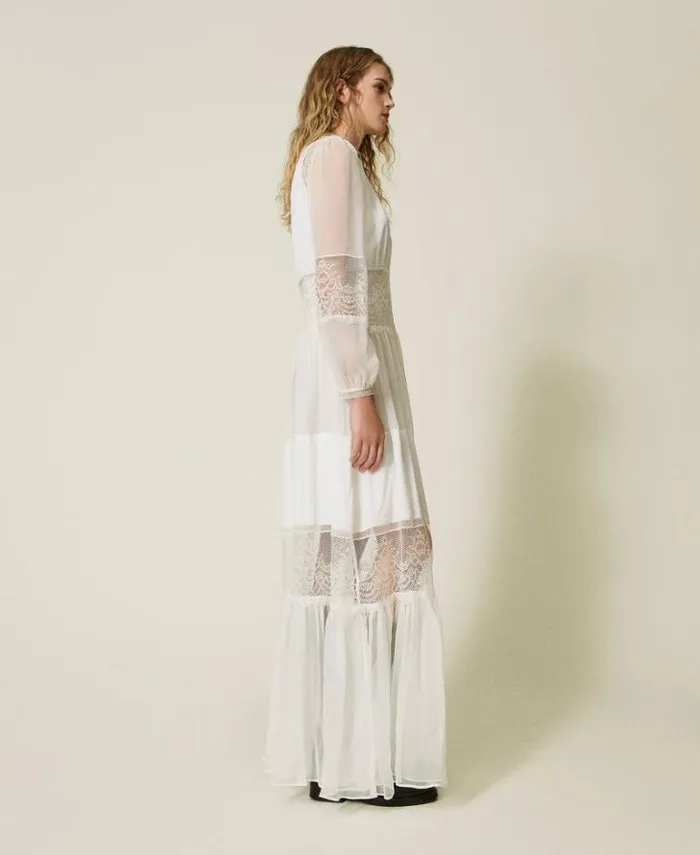 Twinset Elegant Dresses Silk Creponne Dress With Lace White Snow 8211 Clothing