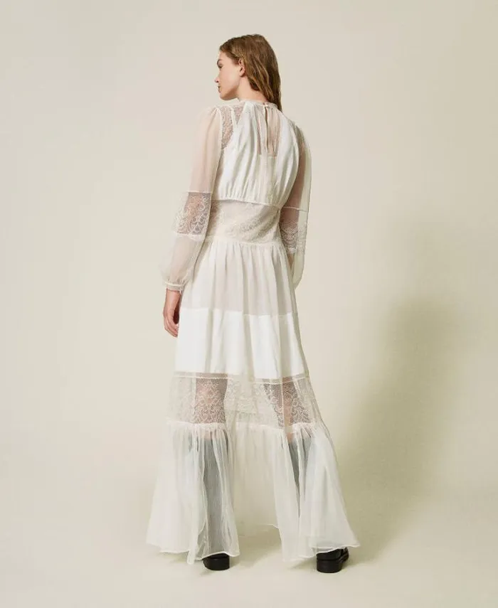 Twinset Elegant Dresses Silk Creponne Dress With Lace White Snow 8211 Clothing