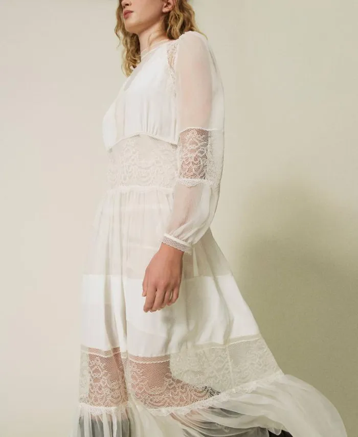 Twinset Elegant Dresses Silk Creponne Dress With Lace White Snow 8211 Clothing