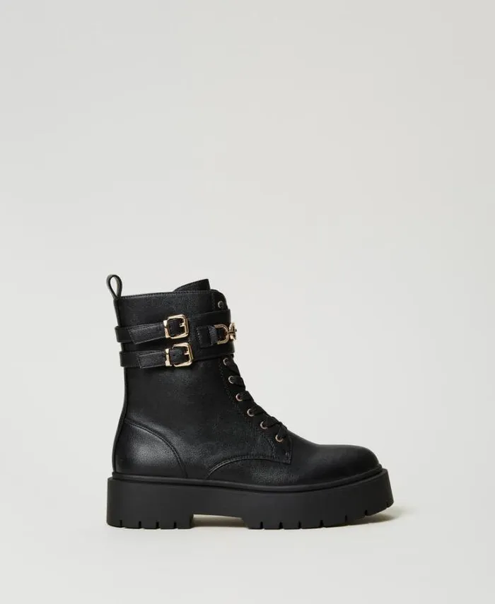 Twinset Flat Shoes Combat Boots With Buckles And Oval T Clasp Black 8211 Shoes