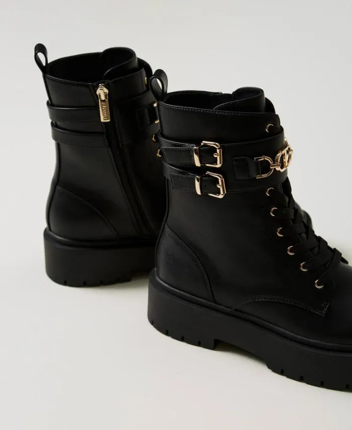 Twinset Flat Shoes Combat Boots With Buckles And Oval T Clasp Black 8211 Shoes