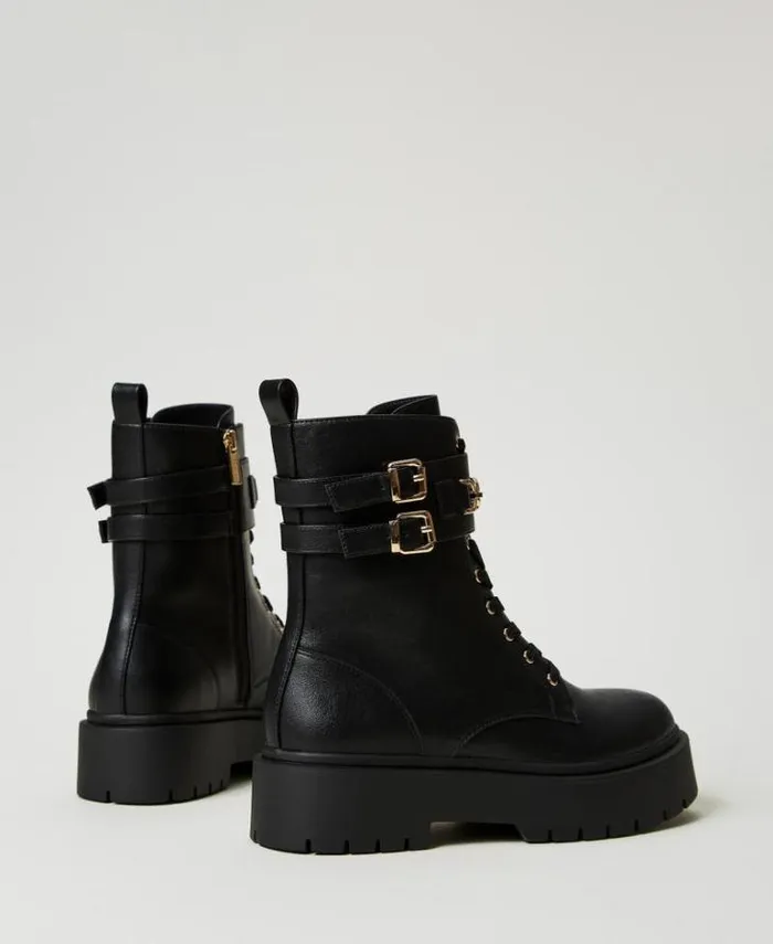 Twinset Flat Shoes Combat Boots With Buckles And Oval T Clasp Black 8211 Shoes