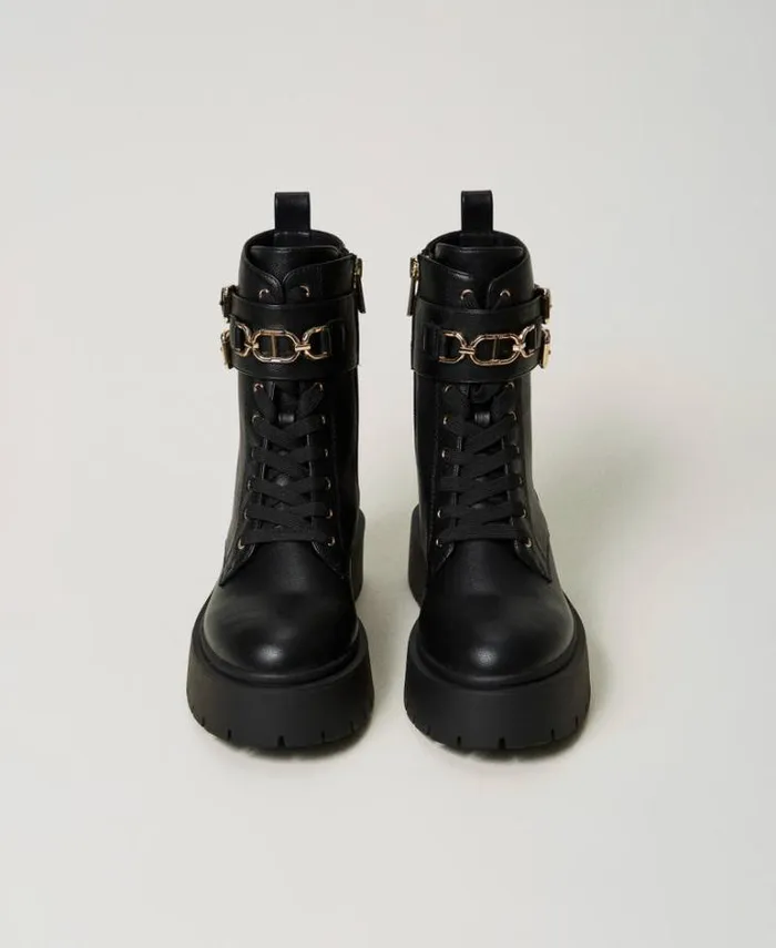 Twinset Flat Shoes Combat Boots With Buckles And Oval T Clasp Black 8211 Shoes