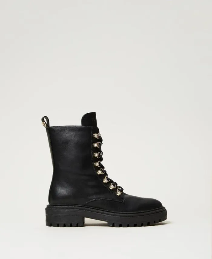 Twinset Flat Shoes Trekkingstyle Combat Boots With Pearls Black 8211 Shoes