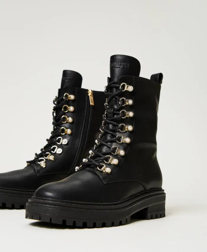 Twinset Flat Shoes Trekkingstyle Combat Boots With Pearls Black 8211 Shoes