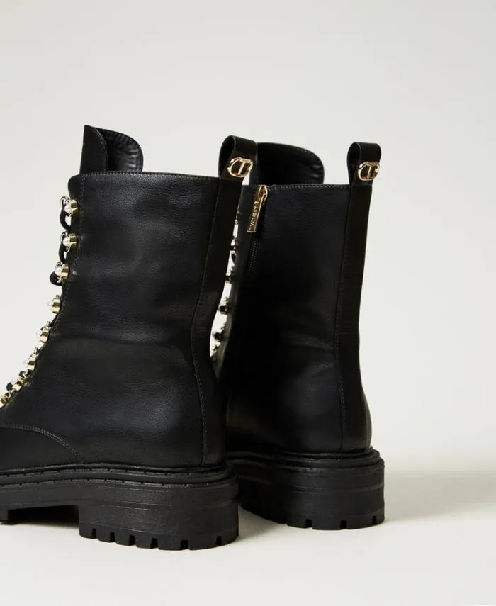 Twinset Flat Shoes Trekkingstyle Combat Boots With Pearls Black 8211 Shoes