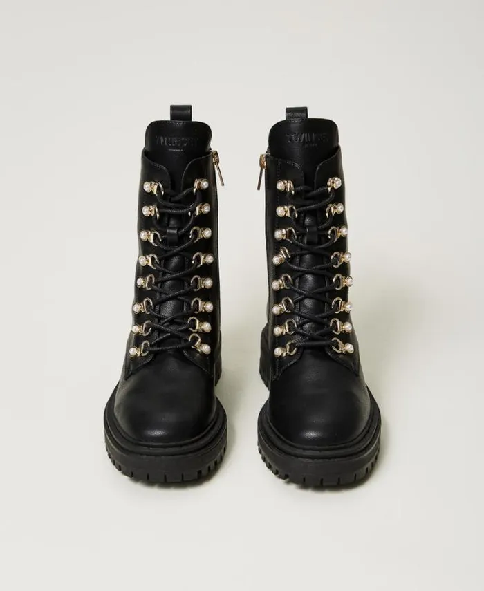 Twinset Flat Shoes Trekkingstyle Combat Boots With Pearls Black 8211 Shoes