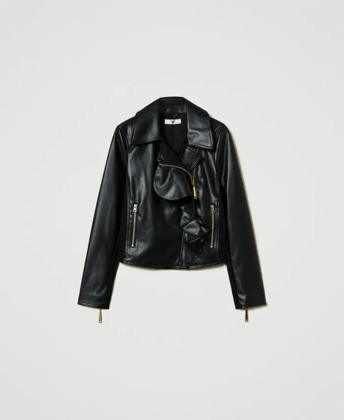Twinset Jackets And Puffer Jackets Leatherlike Biker Jacket With Ruffles Black 8211 Clothing