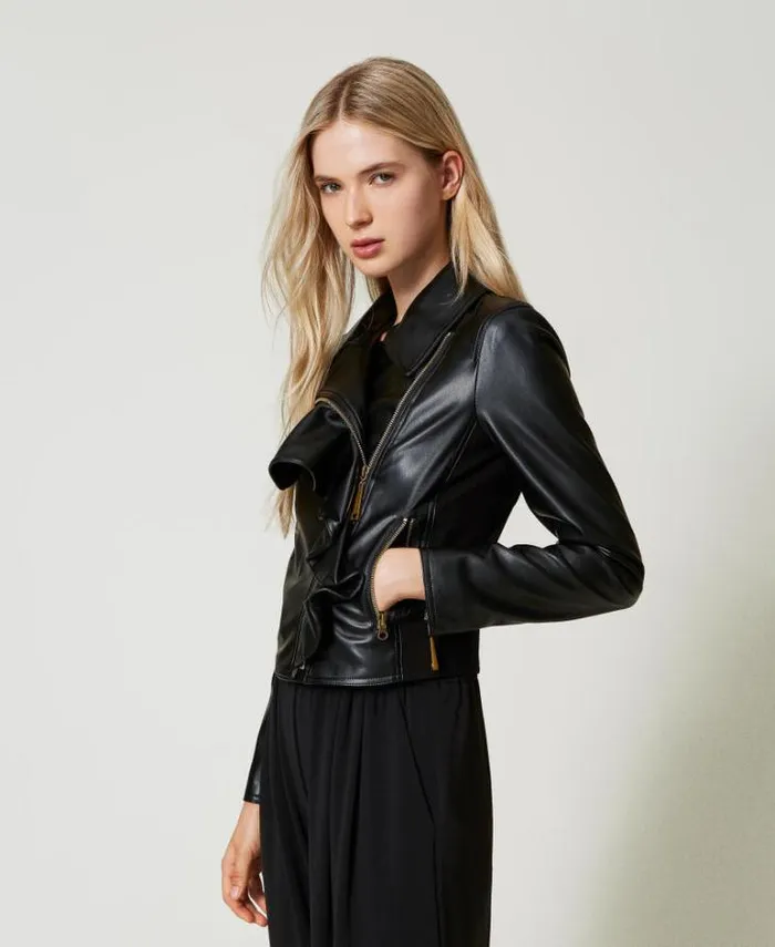 Twinset Jackets And Puffer Jackets Leatherlike Biker Jacket With Ruffles Black 8211 Clothing