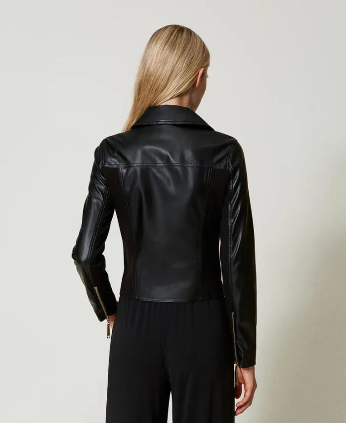Twinset Jackets And Puffer Jackets Leatherlike Biker Jacket With Ruffles Black 8211 Clothing