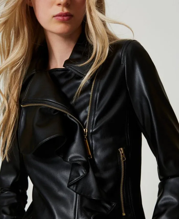 Twinset Jackets And Puffer Jackets Leatherlike Biker Jacket With Ruffles Black 8211 Clothing