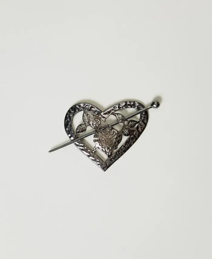 Twinset Jewellery Heartshaped Brooch With Flower Gunmetal Grey 8211 Accessories