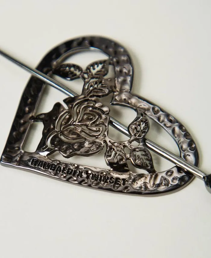 Twinset Jewellery Heartshaped Brooch With Flower Gunmetal Grey 8211 Accessories