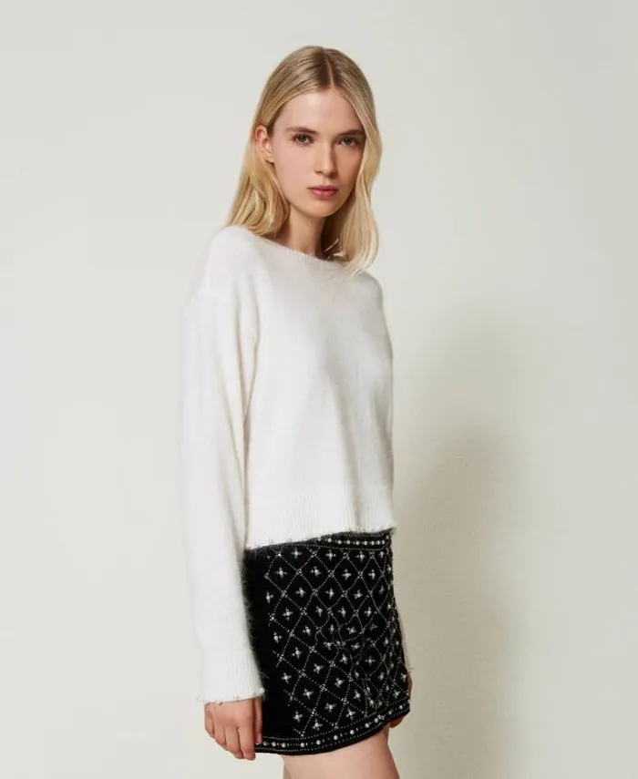 Twinset Jumpers And Cardigans Angora Blend Cropped Jumper With Pearls White Snow 8211 Clothing