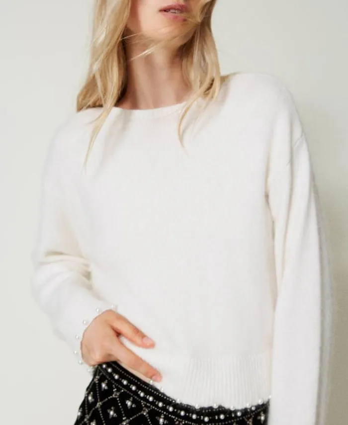 Twinset Jumpers And Cardigans Angora Blend Cropped Jumper With Pearls White Snow 8211 Clothing