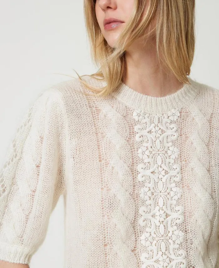 Twinset Jumpers And Cardigans Mohair And Wool Jumper With Lace White Snow 8211 Clothing
