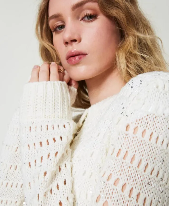 Twinset Jumpers And Cardigans Openwork Cardigan With Sequins White Snow 8211 Clothing