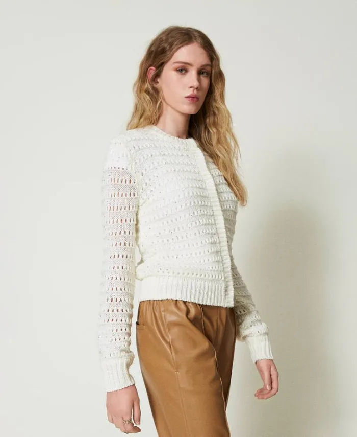 Twinset Jumpers And Cardigans Openwork Cardigan With Sequins White Snow 8211 Clothing