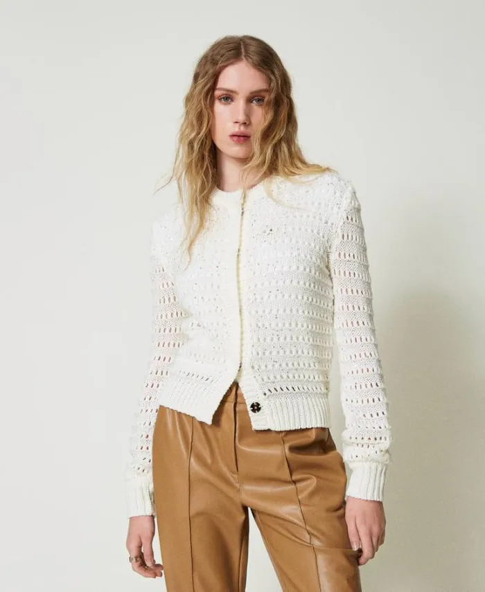 Twinset Jumpers And Cardigans Openwork Cardigan With Sequins White Snow 8211 Clothing