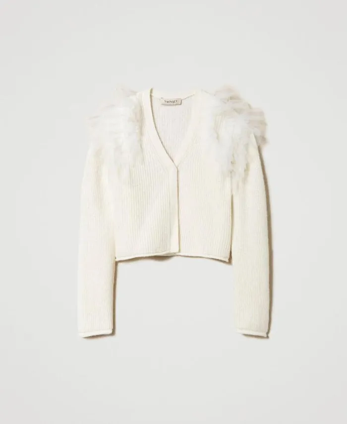 Twinset Jumpers And Cardigans Regular Fit Cardigan With Tulle Flounces Off White 8211 Girl