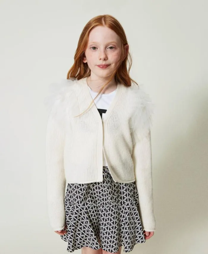 Twinset Jumpers And Cardigans Regular Fit Cardigan With Tulle Flounces Off White 8211 Girl