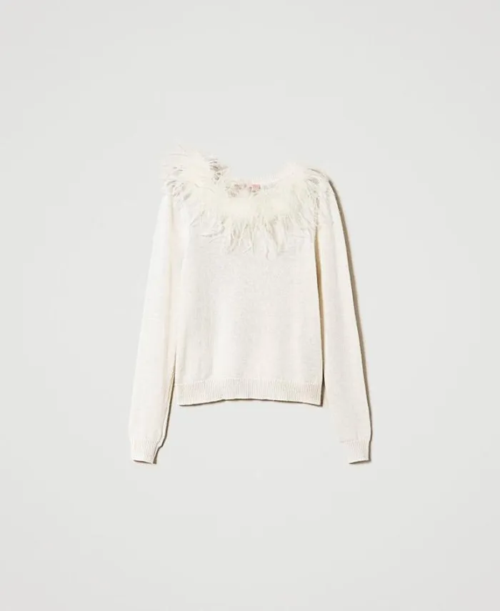 Twinset Jumpers And Cardigans Regular Wool Blend Jumper With Feathers White Snow 8211 Clothing