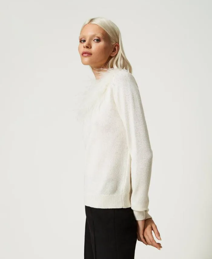 Twinset Jumpers And Cardigans Regular Wool Blend Jumper With Feathers White Snow 8211 Clothing