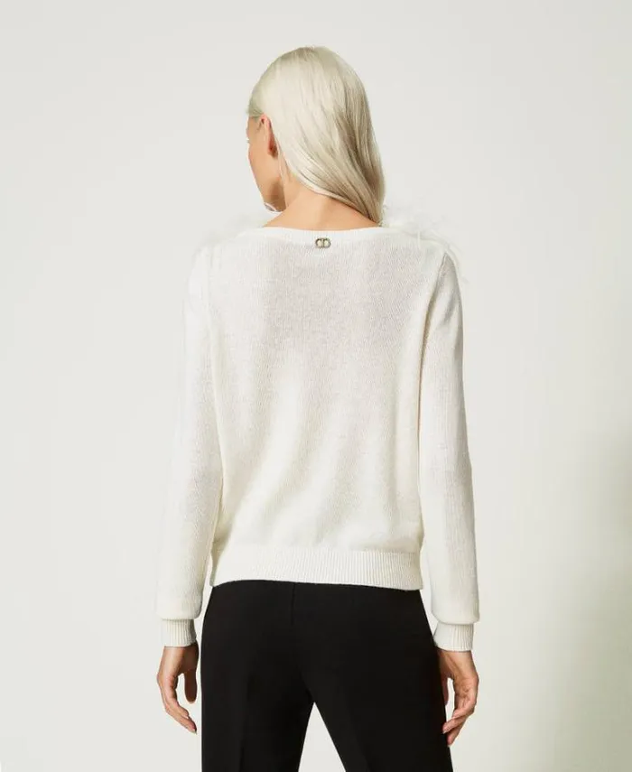 Twinset Jumpers And Cardigans Regular Wool Blend Jumper With Feathers White Snow 8211 Clothing