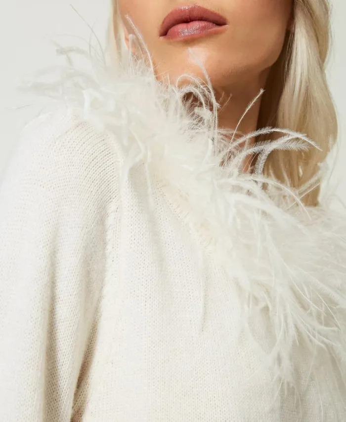 Twinset Jumpers And Cardigans Regular Wool Blend Jumper With Feathers White Snow 8211 Clothing