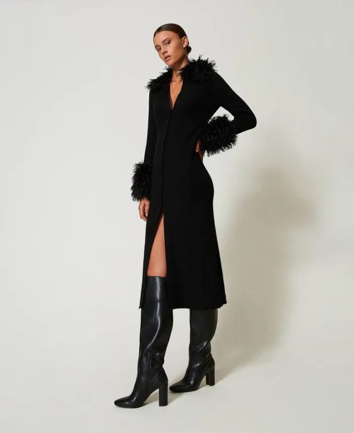 Twinset Jumpers And Cardigans Wool Blend And Faux Fur Long Cardidress Black 8211 Clothing