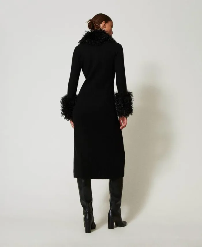 Twinset Jumpers And Cardigans Wool Blend And Faux Fur Long Cardidress Black 8211 Clothing