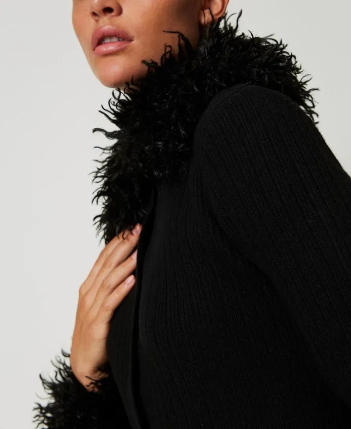 Twinset Jumpers And Cardigans Wool Blend And Faux Fur Long Cardidress Black 8211 Clothing