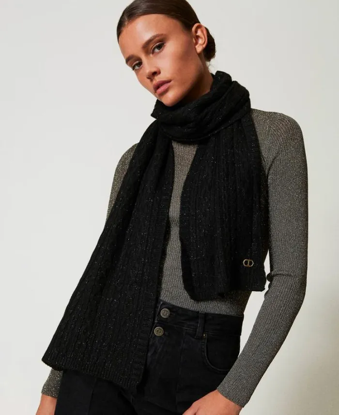Twinset Scarves Cable Knit Scarf With Lurex Black 8211 Accessories