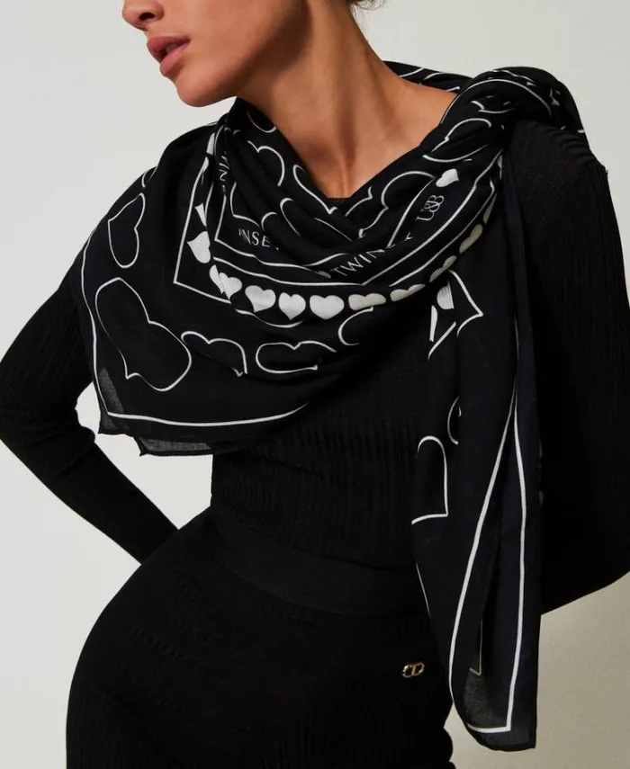 Twinset Scarves Kefiah With Logo And Heart Print Black 8211 Accessories