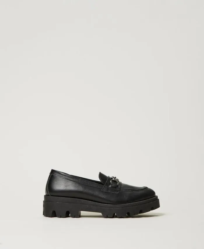 Twinset Shoes Leather Loafers With Oval T Black 8211 Girl