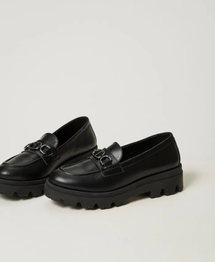Twinset Shoes Leather Loafers With Oval T Black 8211 Girl