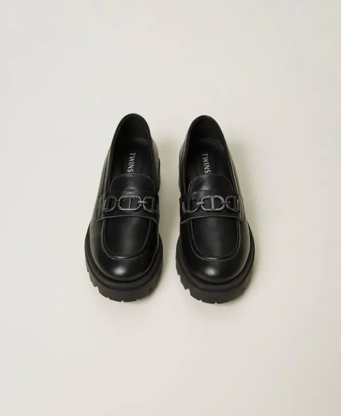 Twinset Shoes Leather Loafers With Oval T Black 8211 Girl