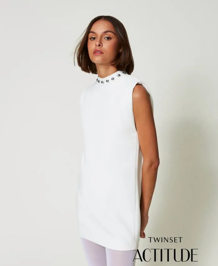 Twinset Short Dresses Cady Crpe Dress With Metallic Pearls White Cream 8211 Clothing