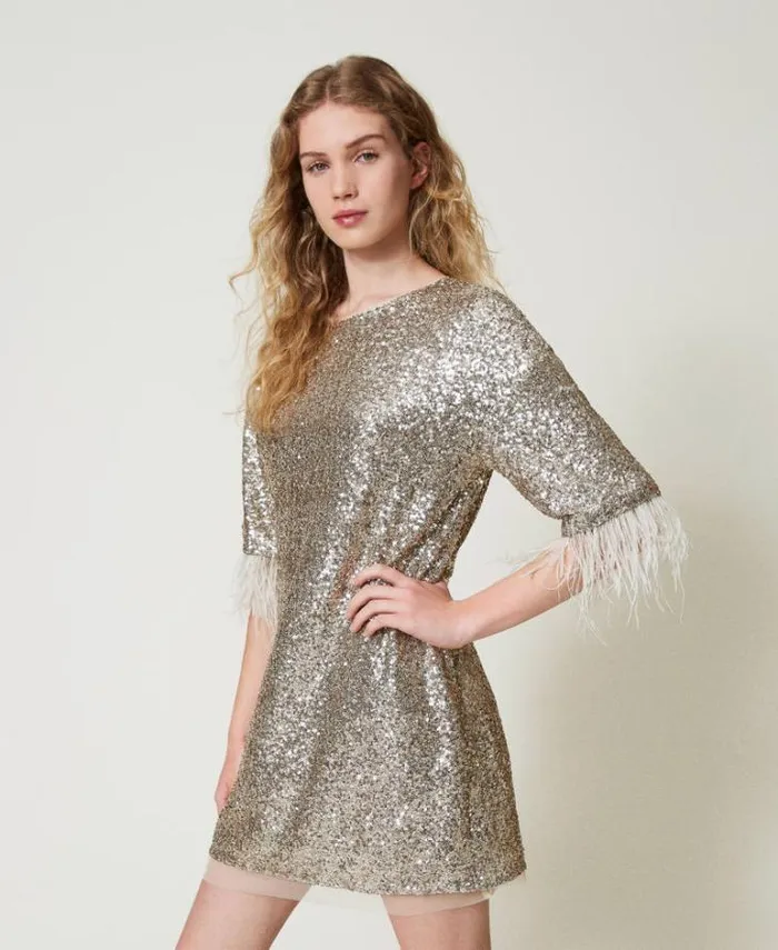 Twinset Short Dresses Full Sequin Short Dress Platinum 8211 Clothing