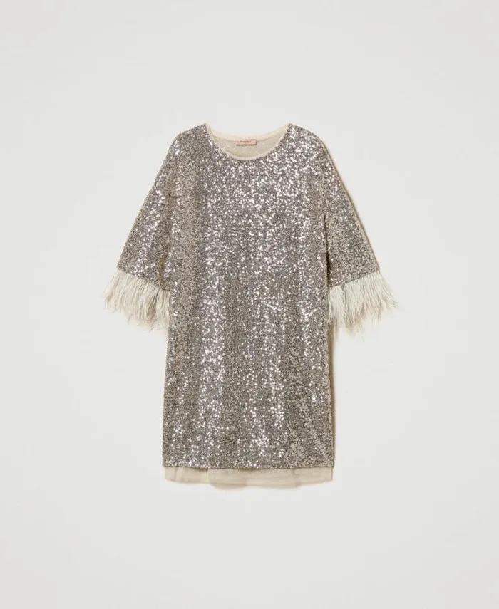 Twinset Short Dresses Full Sequin Short Dress Platinum 8211 Clothing